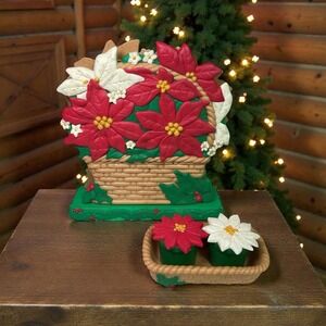 Vintage Christmas Poinsettia Napkin Holder & salt pepper shakers In Tray *see